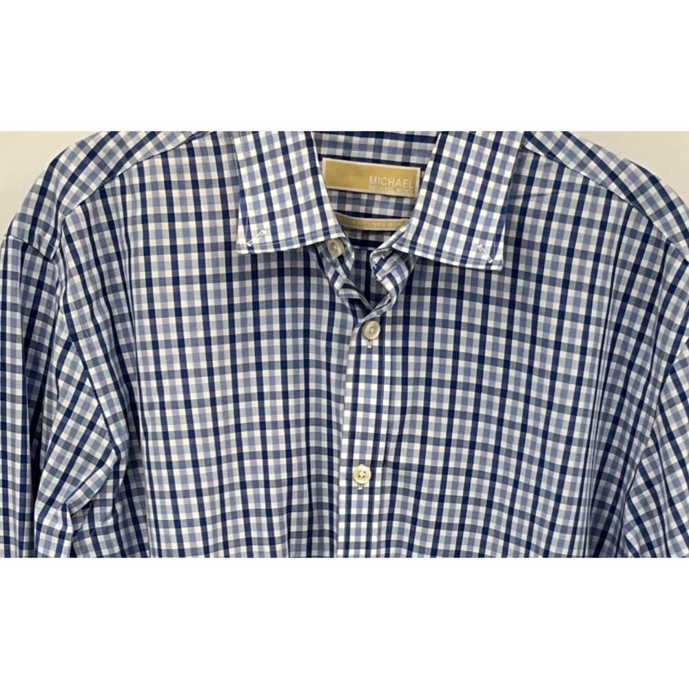 Michael Kors Men's Regular 16 1/2 32-33 Fit Non-Iron Blue & White Checkered Dres